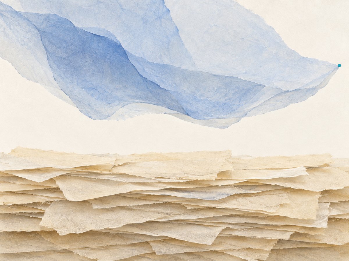 積み重なった生成りの紙の上に、薄い青の層が触れずに浮かぶコラージュ