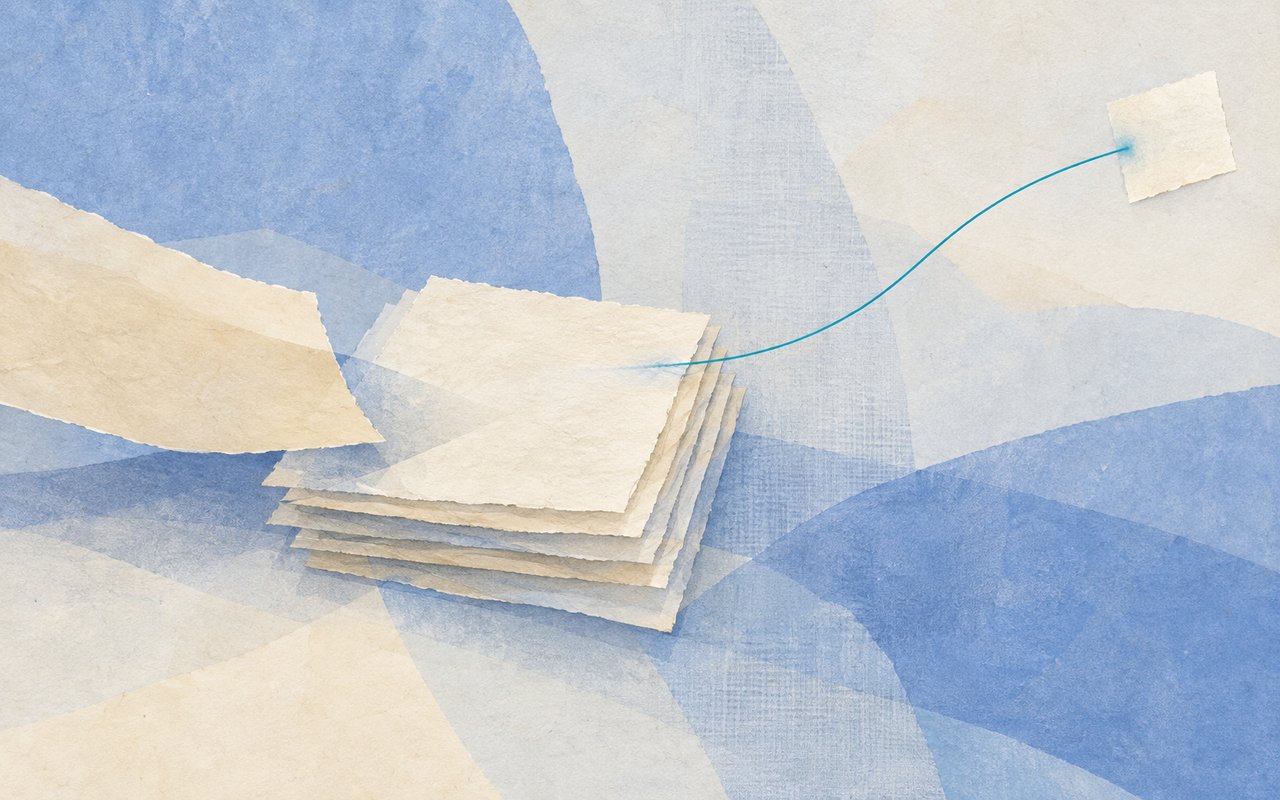 届いた一枚が紙の束に収まり、細い青緑の線が小さな紙へ伸びる抽象画